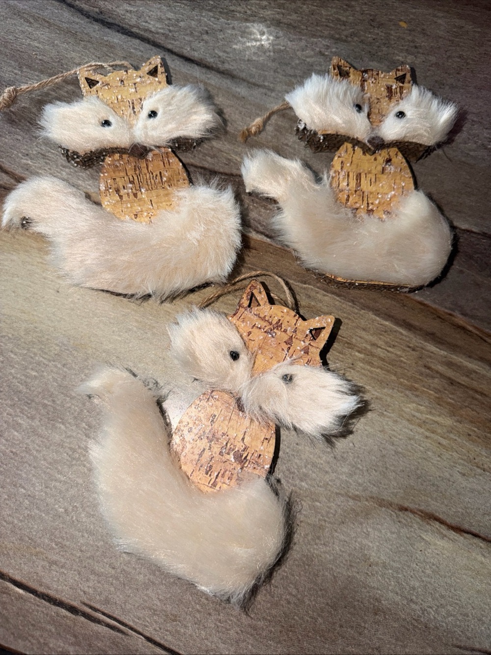 Set of 3 wood cork rustic foxes with glitter snow detail Christmas ornaments